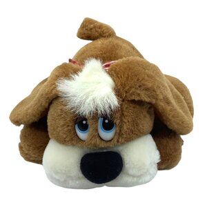 Vtg Dakin Plush Brown Sad Puppy Dog Stuffed Animal With Bow 7" Lying Down